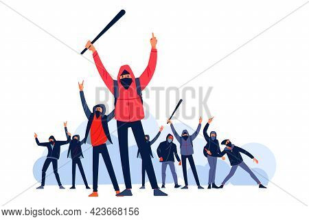 Protesters Throws Stones Toward Police During City Streets Riots. Male Characters With A Bat And A M