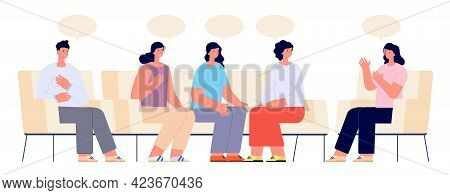 Therapy Support Group. Addiction Group, Female Doctor On Couch Meeting. Supporting Patient, Psycholo