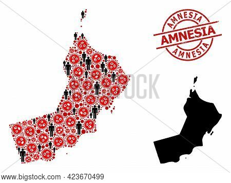 Collage Map Of Oman United From Sars Virus Icons And Men Elements. Amnesia Textured Watermark. Black