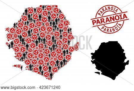 Collage Map Of Sierra Leone United From Virus Elements And People Elements. Paranoia Grunge Stamp. B