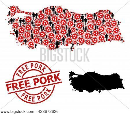 Mosaic Map Of Turkey Constructed From Sars Virus Items And People Items. Free Pork Textured Stamp. B