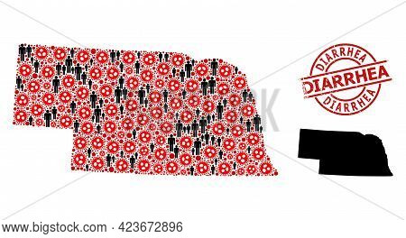 Mosaic Map Of Nebraska State Organized From Covid Virus Icons And People Icons. Diarrhea Distress Se