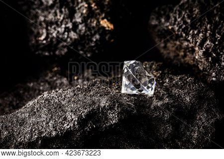 Cut Diamond On Kimberlite Rock, On Isolated Background, Rare Jewelry Concept.