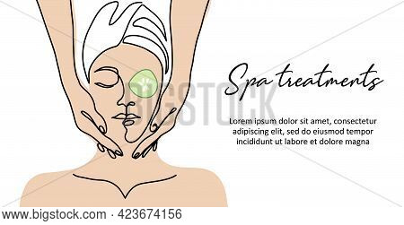 Massage Of Face And Head. Spa Treatments Simple Vector Banner, Poster, Background With Masseur Hands