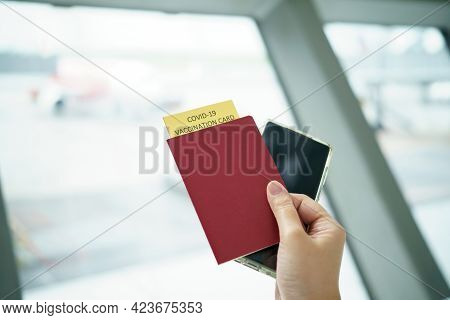 Passport With Vaccination Certificate For Covid-19 Person Record Card. Immune Passport Or Certificat
