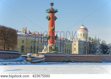 Saint Petersburg, Russia - February 15, 2021: View Of The Northern Rostral Column On A February Afte