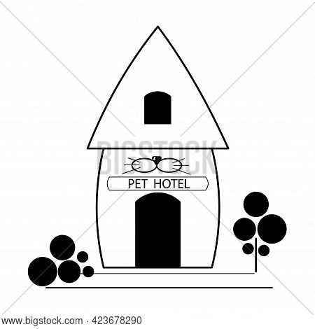 Cute Pet Hotel In Outline Style. Overexposure Of Domestic Animals And Pet Care Service Concept. Vect