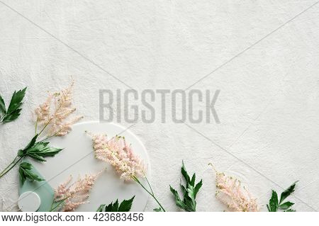 Natural Summer Background With Border Of Wild Flowers. Copy-space, Place For Text. Flat Lay On Off W