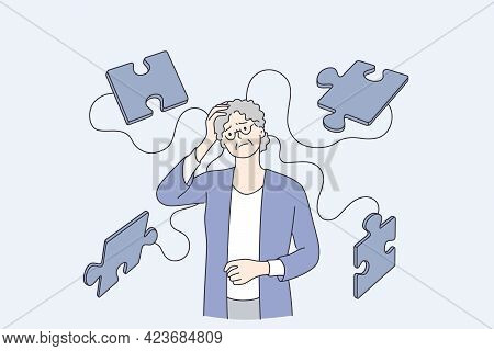 Alzheimer Illness Disease Patients Concept. Senior Mature Woman Cartoon Character Suffering From Bra