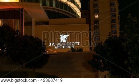 Baku, Azerbaijan - July 2019: Illuminated Signage For Baku Jw Marriott Absheron Hotel, Azerbaijan
