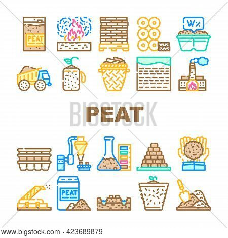 Peat Fuel Production Collection Icons Set Vector. Thermal Power Plant And Manufacturing Factory, Tru
