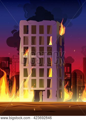 City In Fire, War Destroy Burning Buildings Bridge. City Street On Fire. Burning Tires Wooden And Co