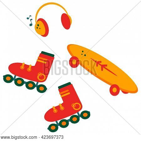 Roller Skates And Skate. Listen To Music And Ride. Isolated.
