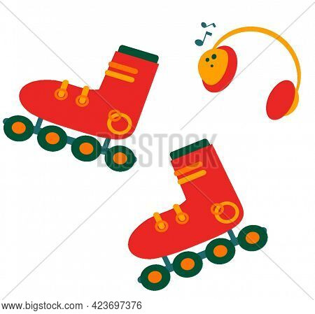 Roller Skates And Music Headphones. Listen To Music And Ride. Roller Skates. Isolated.