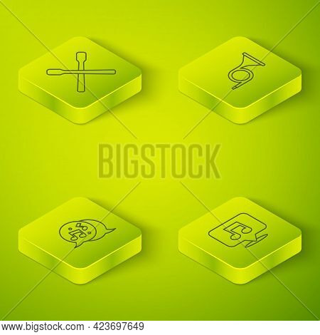 Set Isometric Line Trumpet, Music Note, Tone, And Drum Sticks Icon. Vector