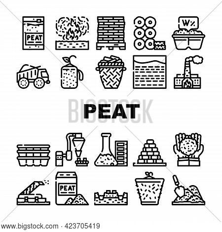 Peat Fuel Production Collection Icons Set Vector. Thermal Power Plant And Manufacturing Factory, Tru