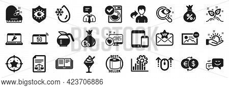 Set Of Business Icons, Such As Support Service, Coffeepot, Freezing Water Icons. Happy Emotion, Cash