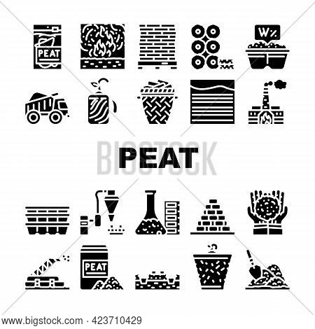Peat Fuel Production Collection Icons Set Vector. Thermal Power Plant And Manufacturing Factory, Tru