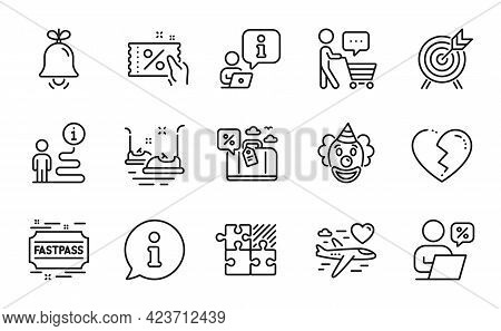 Holidays Icons Set. Included Icon As Broken Heart, Bell, Archery Signs. Bumper Cars, Buyer Think, Cl