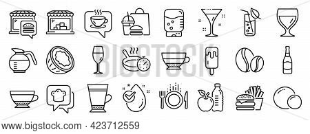 Set Of Food And Drink Icons, Such As Food, Ice Cream, Cocktail Icons. Market, Fast Food, Coconut Sig