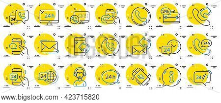 Processing Line Icons. Set Of Callback Or Feedback, Call Support And Chat Message Icons. 24 Hour Ser