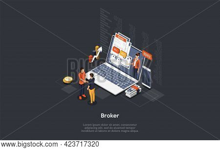 Broker Profession, Trading Skills, Business Stocks And Bonds Concept Design. Vector Illustration In 