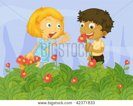 아 이들이 정원에서 꽃을 따기의 그림