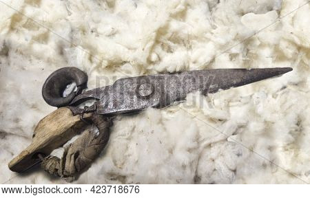 Shearing Scisors With Cork, Wood And Leather Protections For Fingers Over Straw Bale