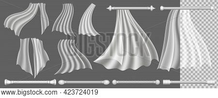 Set Of Realistic Window Curtain Or Flying Curtains Silk Hanging With Luxury Stick Isolated Or Mock U