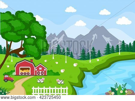 Cute Cartoon Farm Animals Vector Illustration With Cow, Horse, Chicken, Duck, Or Sheep. For Postcard