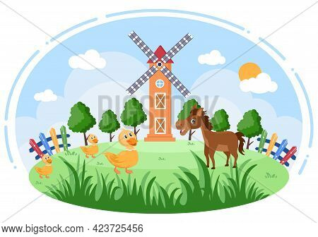 Cute Cartoon Farm Animals Vector Illustration With Cow, Horse, Chicken, Duck, Or Sheep. For Postcard