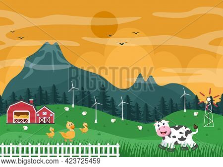 Cute Cartoon Farm Animals Vector Illustration With Cow, Horse, Chicken, Duck, Or Sheep. For Postcard