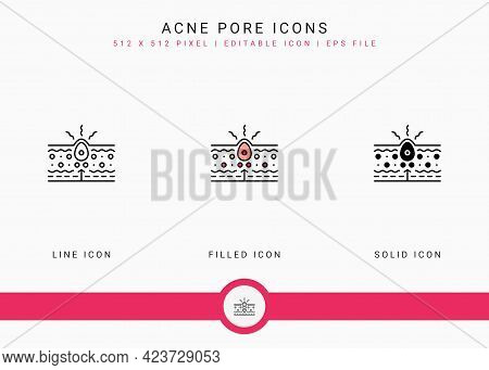 Acne Pore Icons Set Vector Illustration With Solid Icon Line Style. Skin Inflammation Dermatology Co