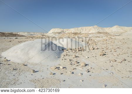Beautiful Lunar Landscape. Wight And Smooth Hills In Various Shapes In A Desert Landscape. The Whiti