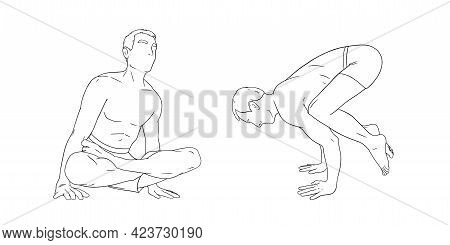 Yogi Men In Handstand Rooster And Craw Or Crane Poses. Yoga Hand Stand For Strength Improvement. Ske