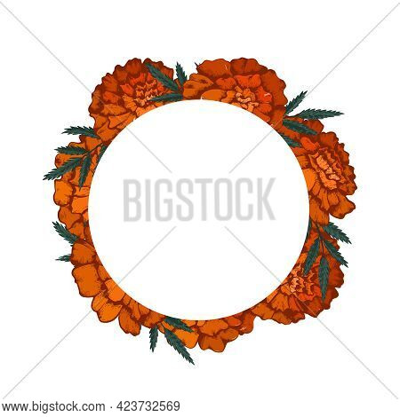 Round Frame With Colorful Sketch Of Marigolds And Copy Space. Invitation Cards With Flowerhead And L