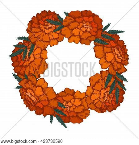 Round Frame With Colorful Sketch Of Marigolds And Copy Space. Invitation Cards With Garland Of Flowe