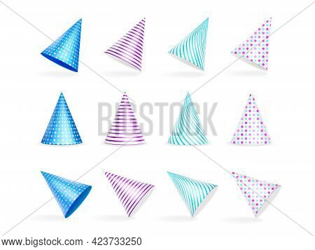 Party Hats, Birthday Colorful Caps With Stripes And Polka Dots Pattern, Carton Cones For Bday Or Ann