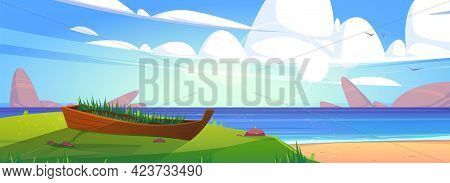 Sea Beach With Old Boat In Green Grass. Vector Cartoon Summer Landscape Of Ocean Sand Shore With Sto