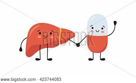 Healthy Liver And Happy Smiling Medicine Pill Characters Hold Hands. Kawaii Medicine Capsule And Cut