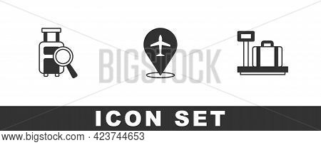 Set Lost Baggage, Plane And Scale With Suitcase Icon. Vector