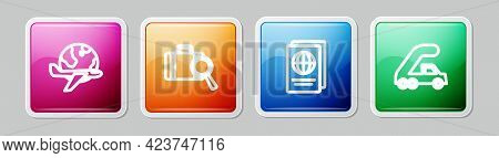 Set Line Globe With Flying Plane, Lost Baggage, Passport And Passenger Ladder For Boarding. Colorful