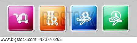 Set Line Trolley Baggage, Lost, Airplane Search And Flight Time. Colorful Square Button. Vector