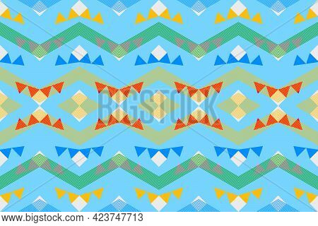 Geometric Green Shape And Yellow Color Bohemian Fabric Pattern, Design Cloth Of Indian Style. Tribal