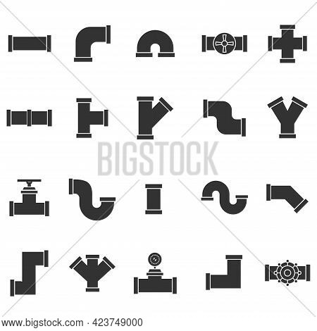 Set Of Plumbing Pipe Hardware Icon. Construction Connection Technical Pressure Plumbing Systems. Sil