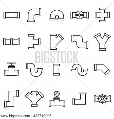 Set Of Plumbing Pipe Hardware Icon. Construction Connection Technical Pressure Plumbing Systems. Sil