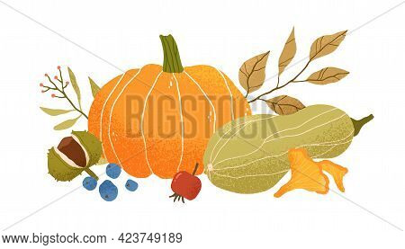 Autumn Vegetable Composition With Pumpkin, Squash, Leaves, Berries, Fruits And Mushrooms. Autumnal S