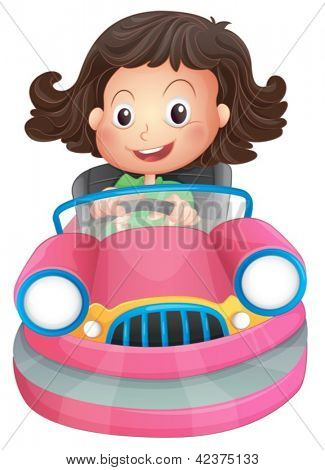 Illustration of a young girl riding on a pink bumpcar on a white background