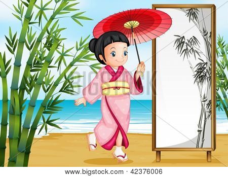 Bir kız bir kimono kıyafetleri gösterimi