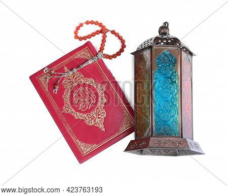 Decorative Arabic Lantern, Quran And Misbaha On White Background, Top View
